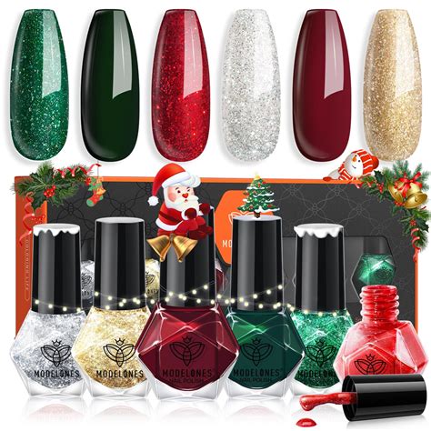 Amazon.com : Modelones Christmas Nail Polish Set 6 Colors Red Green ...