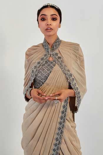 Buy Beige Organza, Crepe, Lycra Blouse Sweetheart Cape Pre-draped Saree ...