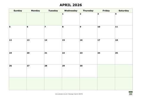 Plantilla Calendario 【ABRIL 2026】 para IMPRIMIR PDF