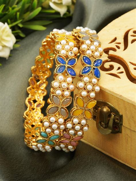 Gold Plated Studded Set of 2 pearl bangles – Griiham