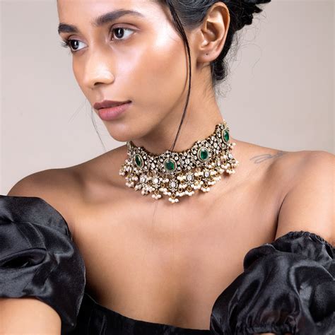 Celestine Handmade Silver Necklace with Polki Stones in Chennai