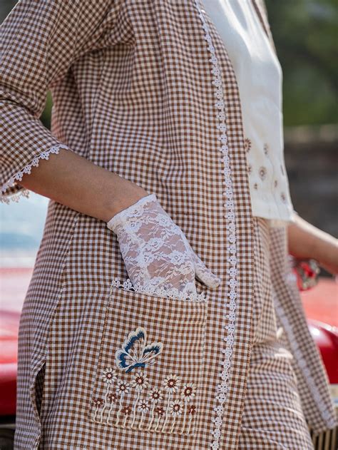 Brown Cotton Checks Co-Ord Set With Embroidery – Yufta Store