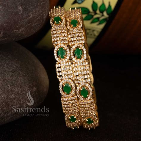 Micro Gold Plated American Diamond Oval Stone Bangles Set of 2 – Sasitrends