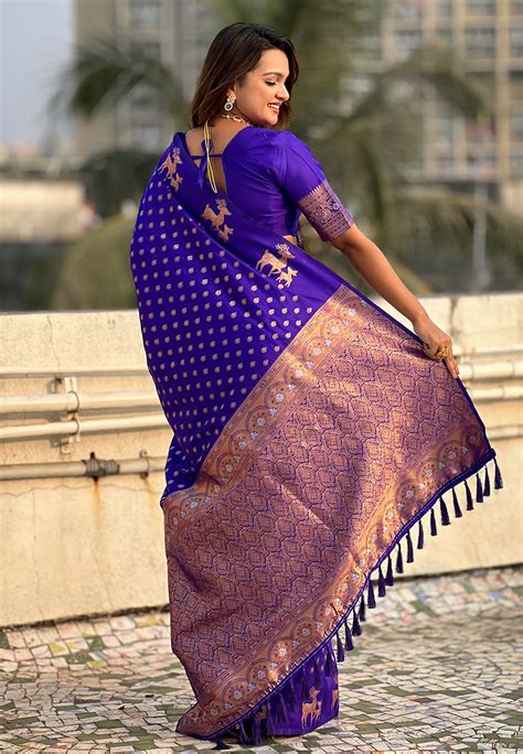 Violet Soft Silk Dual Zari Woven Saree with Deer Border – Elite Weaves