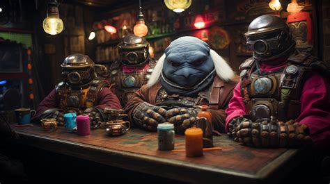 sitting, looking at viewer, AI art, science fiction, bar, aliens ...