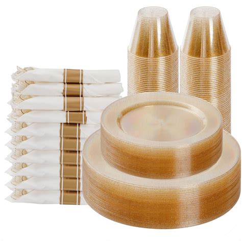 Snapklik.com : Goodluck 175 Piece Gold Glitter Plastic Dinnerware Set ...