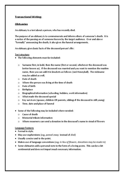 Gr 12 Eng Final Exam Guide for Writing Obituaries 2505 - Studocu