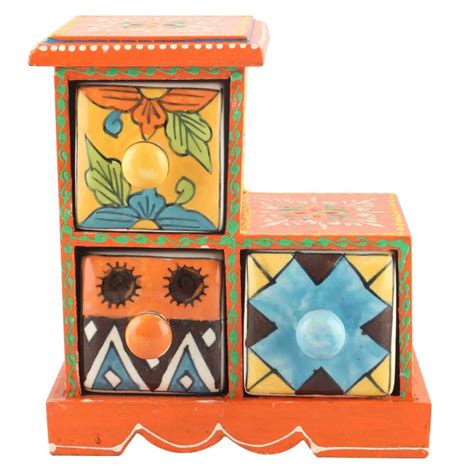 Indian-Shelf Handmade Vocalforlocal Wooden 3 Step Drawer Floral Pattern ...