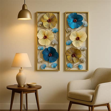 RSN 3D Metal Wall Art Decor, Flower Panels Set of 2, Gold Frame with ...