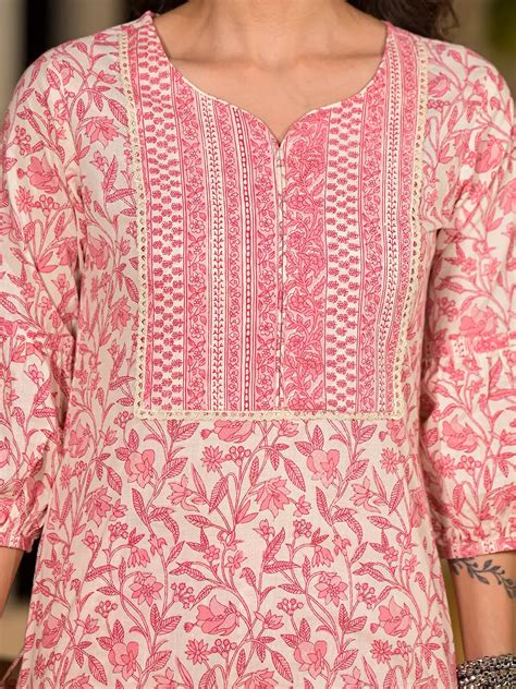 Pink Leaf Print Piping On Yoke Straight Kurta With Trousers And Dupatt ...