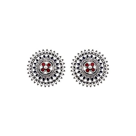 Buy Voylla Silver Oxidised Plating Brass Mandala Floral Stud Earring ...