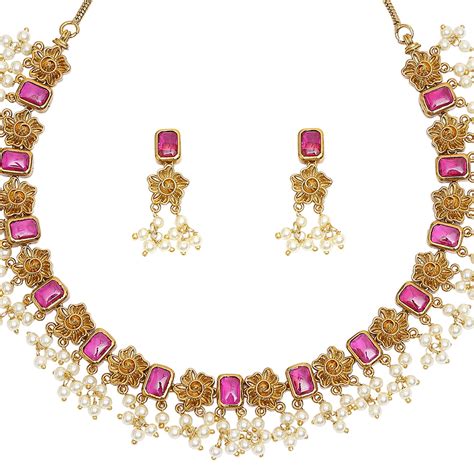 Square Cut CZ and Faux Pearls Adorned Brass Gold Plated Jewellery Set ...