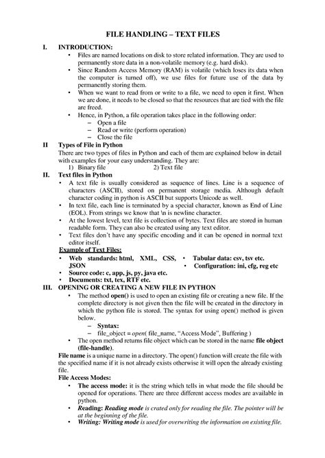 FILE Handling Practice - FILE HANDLING – TEXT FILES I. INTRODUCTION ...