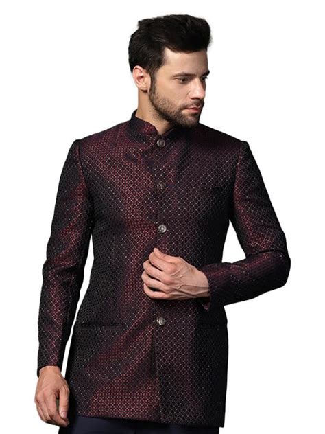 Buy KISAH Men's Jodhpuri Bandhgala-Blazer, Magenta Silk Blend, Woven ...
