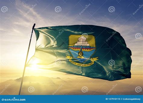Jambi Province of Indonesia Flag Textile Cloth Fabric Waving on the Top Sunrise Mist Fog Stock ...