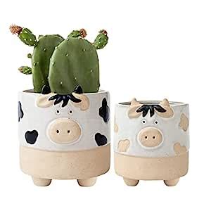 Ceramic Animal Succulent Plant Pots - 5.7 + 4.4 Inch Cute Cow Shaped ...