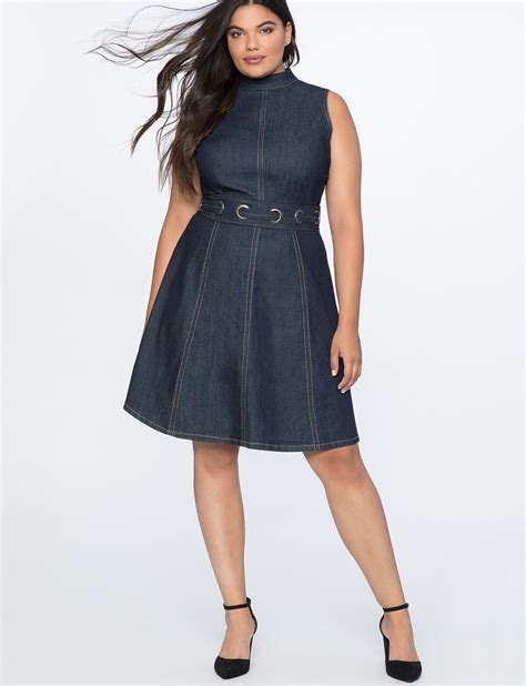 A-Line Denim Dress with Grommet Detail Dark Wash | Plus size fashion ...