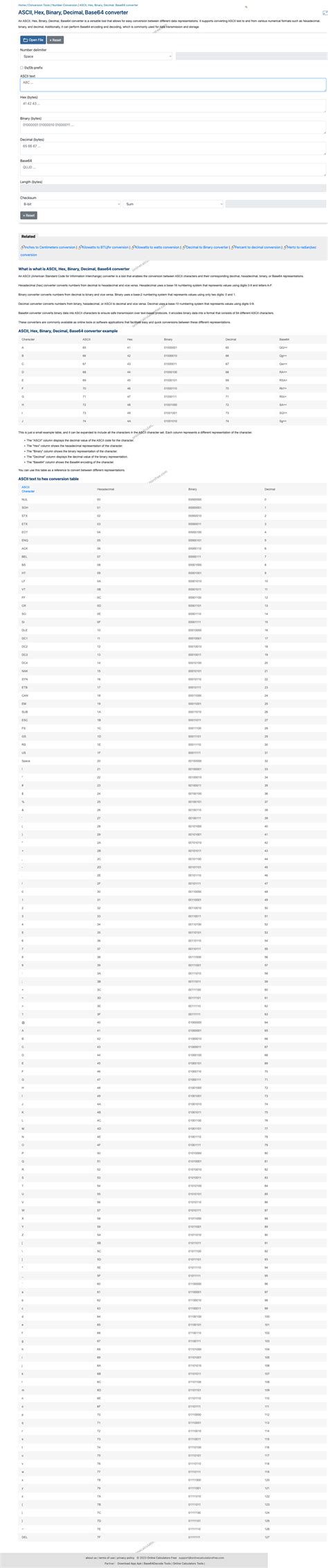 Conversor ASCII, Hex, Binario, Decimal, Base64 - CalculatorFree