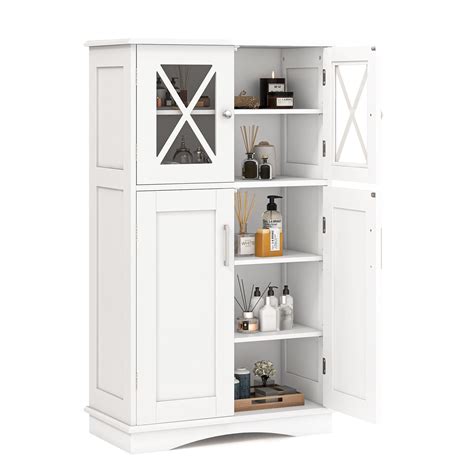 Topbuy Bathroom Floor Cabinet Storage Cabinet w/ 2 Glass Doors 3-Level ...