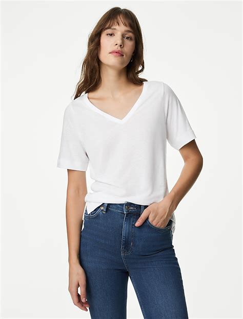 Buy Linen Blend V-Neck Top at Marks & Spencer