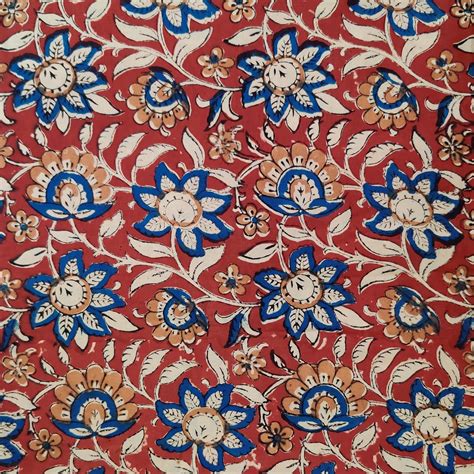 Pre-cut 1.75 meter Pure Cotton Dabu Jahota Rust With Blue Floral Jaal ...