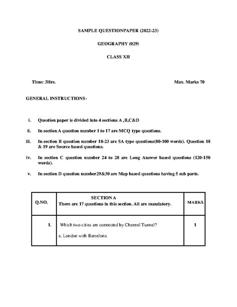 Geography Sample Question Paper (029) Class XII - 3 Hrs, 70 Marks - Studocu