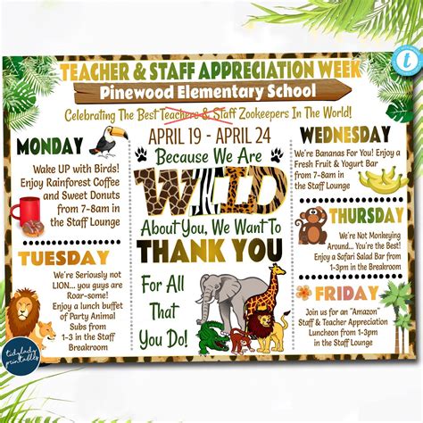 Jungle Zoo Themed Teacher Appreciation Week Itinerary Poster Printable | Teacher appreciation ...