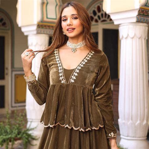 Olive Green Velvet peplum Lehenga set