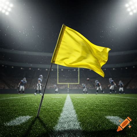 A yellow penalty flag stands on a photorealistic football field under ...
