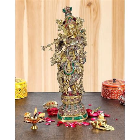 Brass Krishna Statue with Playing Flute (Height: 29 Inches) – AONA INDIA