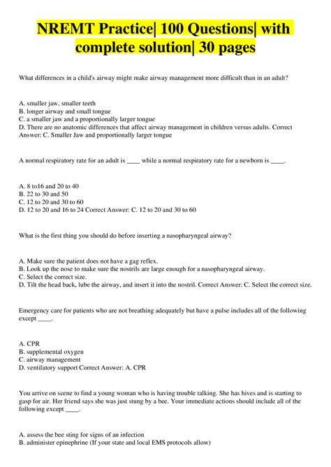 NREMT Practice| 100 Questions| with complete solution| 30 pages ...