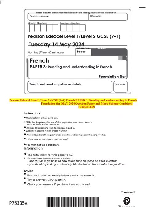 Pearson Edexcel Level 1/Level 2 GCSE (9-1) French PAPER 3: Reading and ...