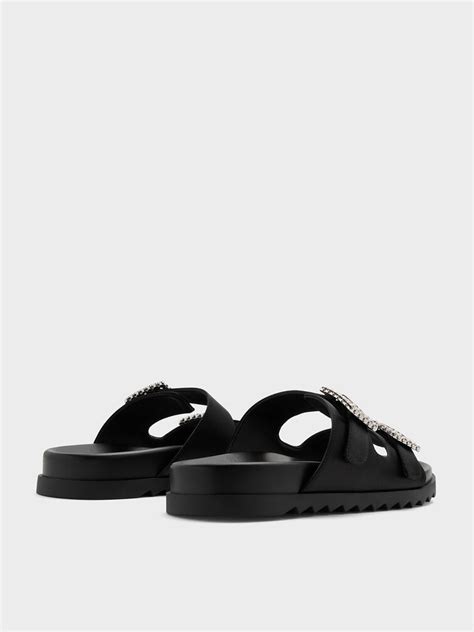 Gem-Buckle Double-Strap Sandals - Black Textured - CHARLES & KEITH IN