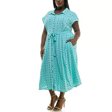 Plus Size Nina Leonard Swiss Dot Print Collared Short Sleeve Midi Shirt ...