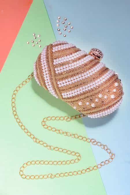 Buy Gold Rhinestones, Pearls And Bead Embellished Clutch With Sling by ...