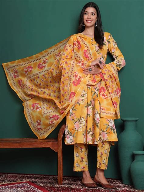 Yellow Floral Print A-Line Maternity Kurta Trouser Dupatta Set – Yufta ...