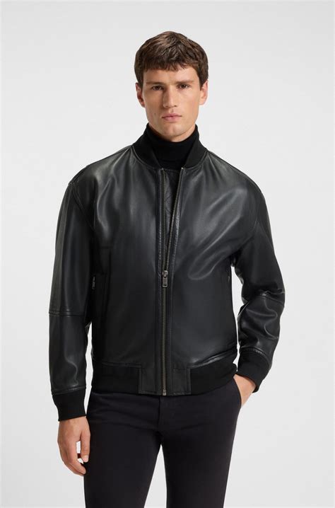 BOSS - Regular-fit jacket in textured leather - Black