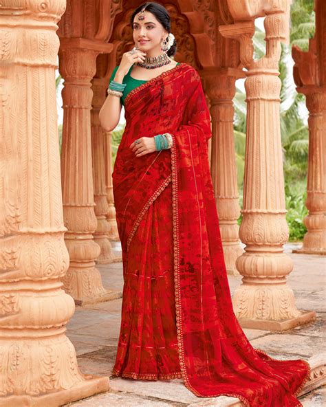 Vishal Prints Venetian Red Designer Fancy Chiffon Saree With Embellish