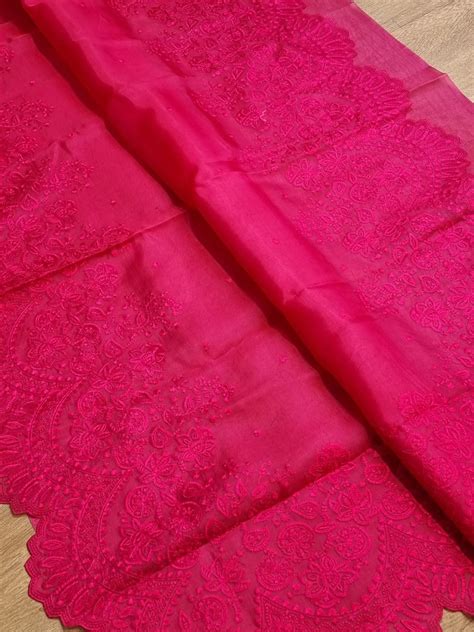 Pure Organza Silk Embroidery Torani Style Cutwork Scallop Border Saree ...