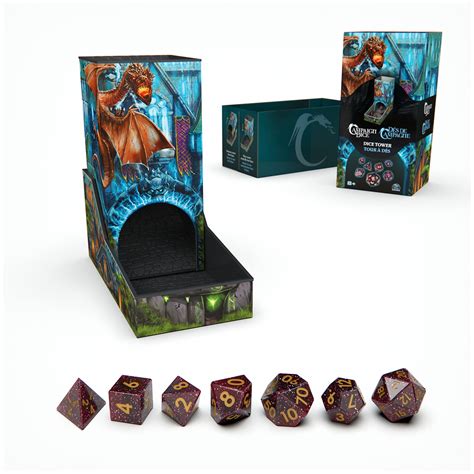 Campaign Dice Tower w/ 7 Polyhedral Dice for Role-Playing Board Games