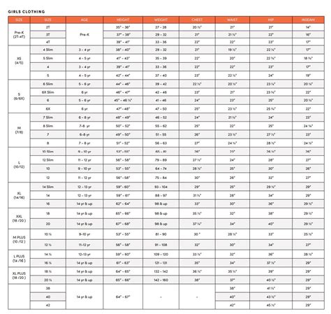 Girls Size Chart 的图像结果