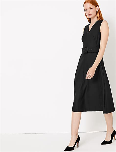 Buy Wool Blend Belted Fit & Flare Midi Dress at Marks & Spencer