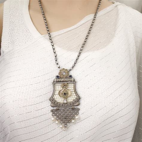 GULDASTA-DUAL-TONE PEARL JAALI ANTIQUE GOLDEN PENDANT SET-BLUE ...