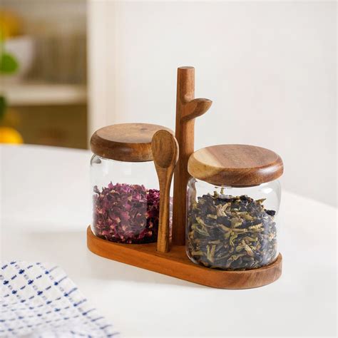Acacia Wood Glass Jars And Spoon With Leaf Stand Online - Premium Jar ...
