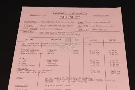 The Prop Gallery | Production used call sheet - The Girl Who Was Death