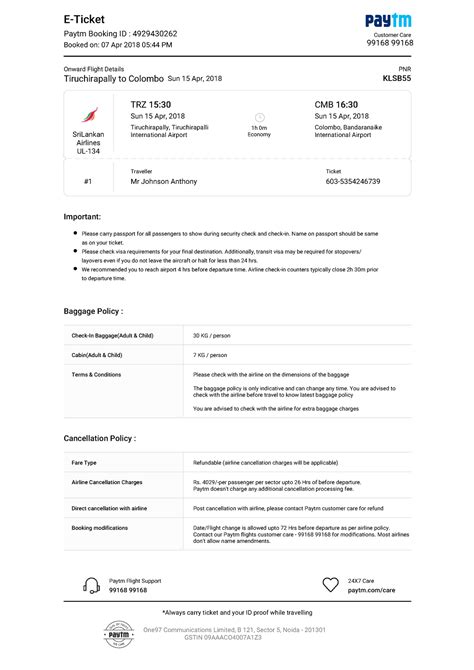 Ticket trz cmb 15 apr - E-Ticket Paytm Booking ID : 4929430262 Booked ...