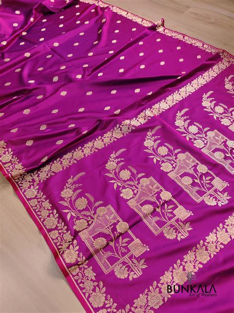 Shop Rani Pink Buti Weaved Banarasi Mashru Silk Floral Border Saree ...