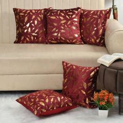 Red Golden Leaf Velvet Cushion Covers 16x16 Inch Set of 5 | Homecrown