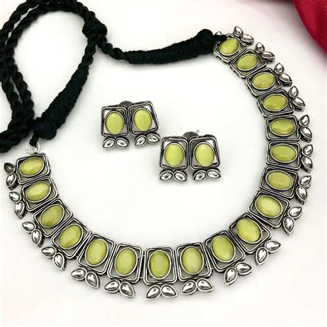 Unique Yellow Stone Oxidised Necklace Set – Kanyaa