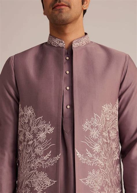 Mauve Kurta Pant Set With Embroidered Nehru Jacket